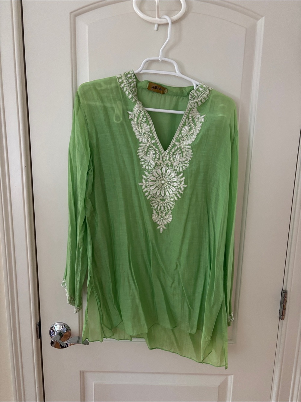 Embroidered Light Green V-Neck Women's Tunic